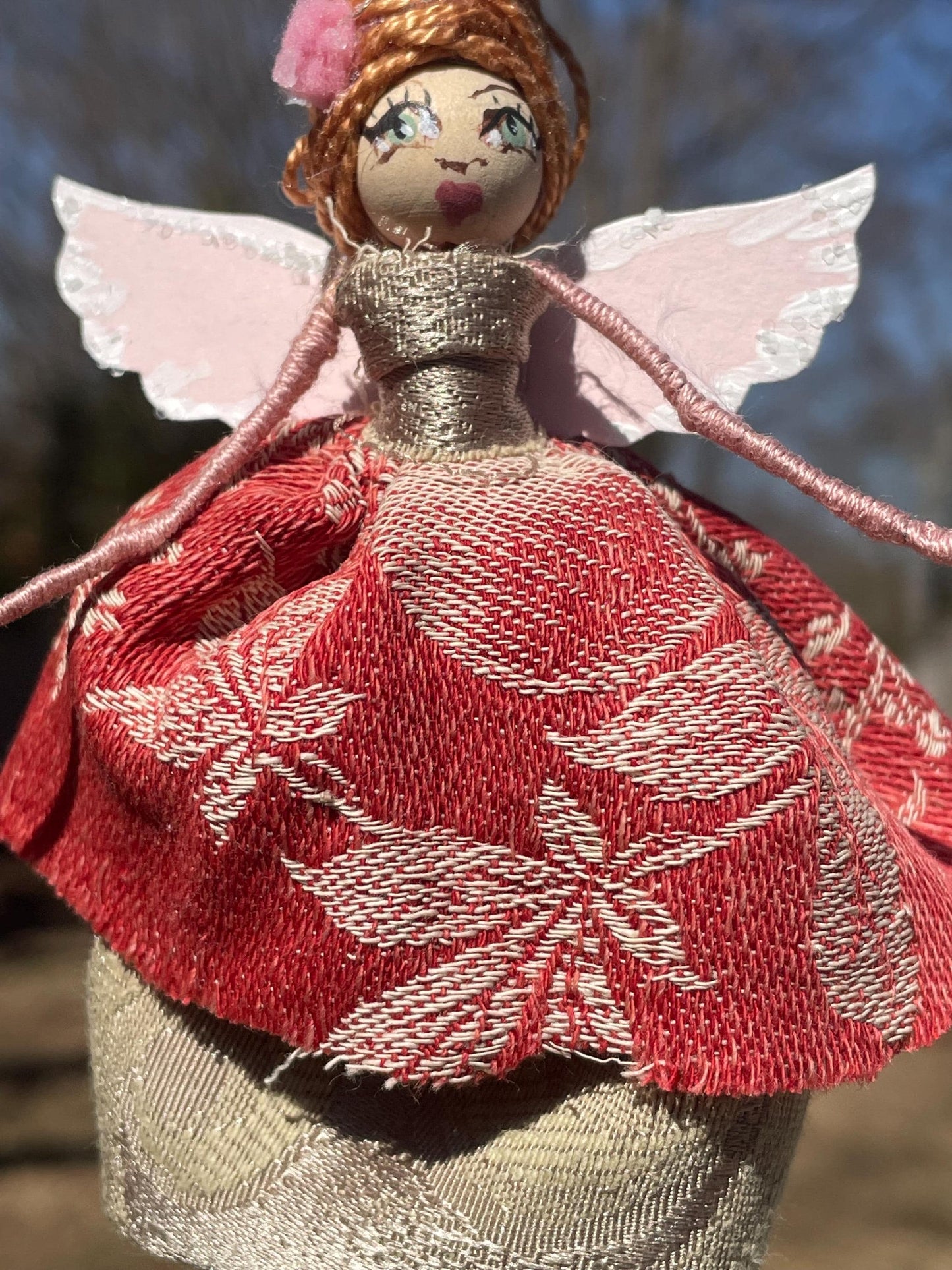 Spring Fairy: Handmade Retro Beehive Pink Pom Pom Ornament 7 inches.
