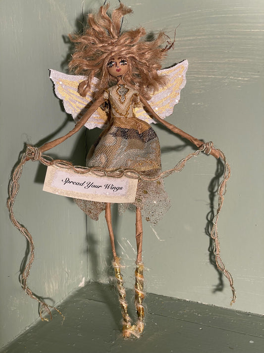 Handmade Fairy Ornament: Embroidered Bodice, Gold Sparkle Tutu, Love Message