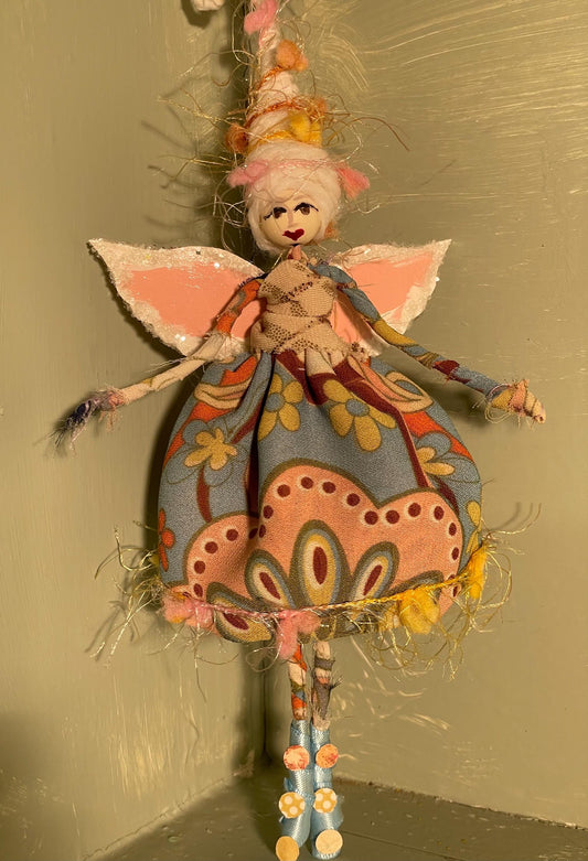 Handmade Celebration Fairy Ornament: Retro Pom Doll, 9-Inch Tall Tassel Fairy