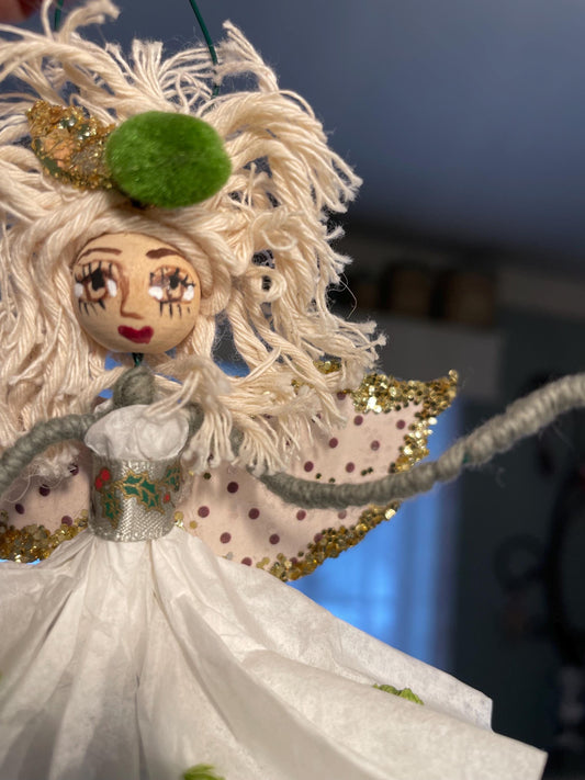 Count Your Blessings Hand Painted Fairy Decor: Green Pom Paper Fairy with a Message