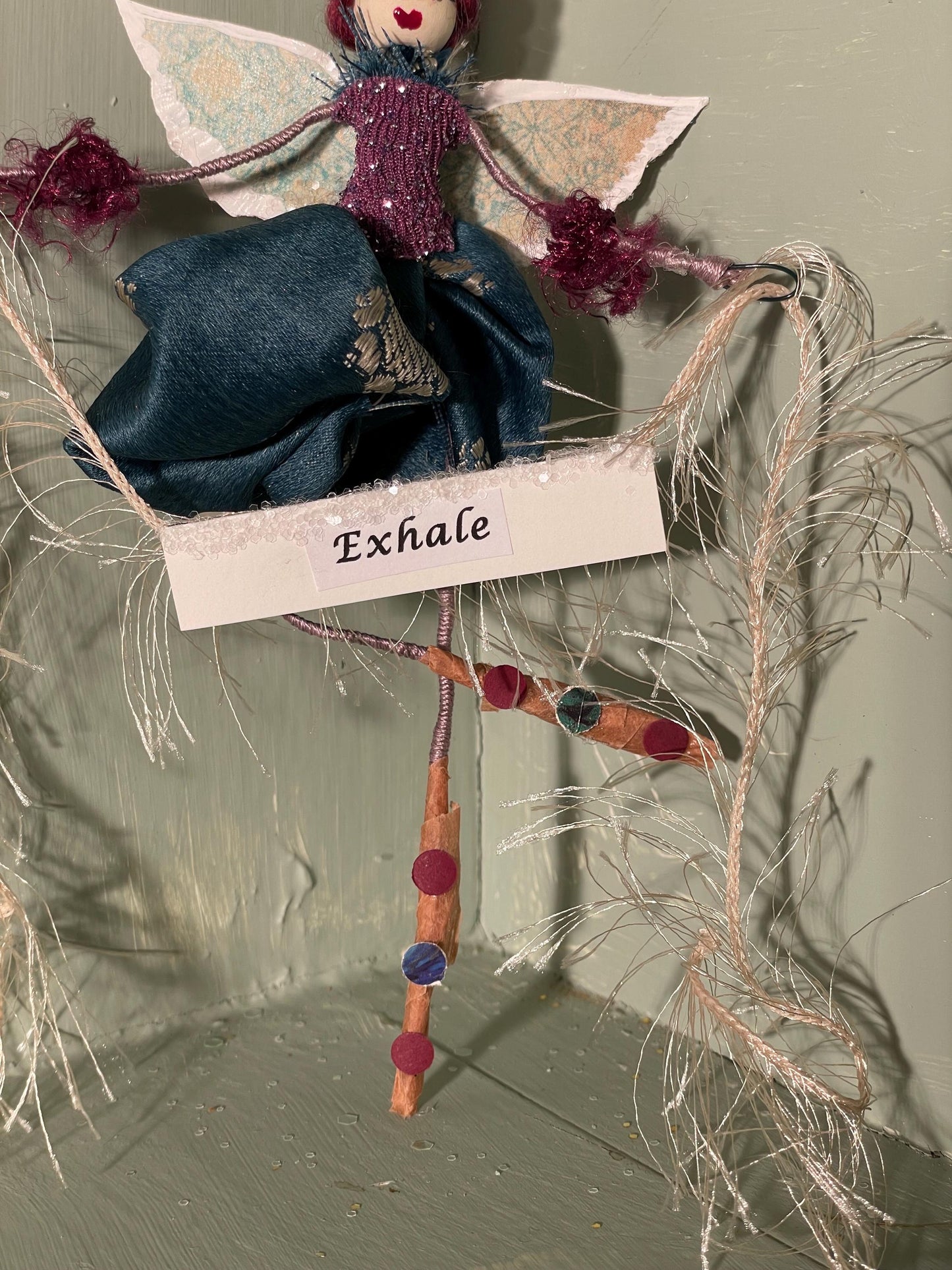 Handmade Serenity Fairy: Retro Fabric and Delicate Wings with Inspired Message.