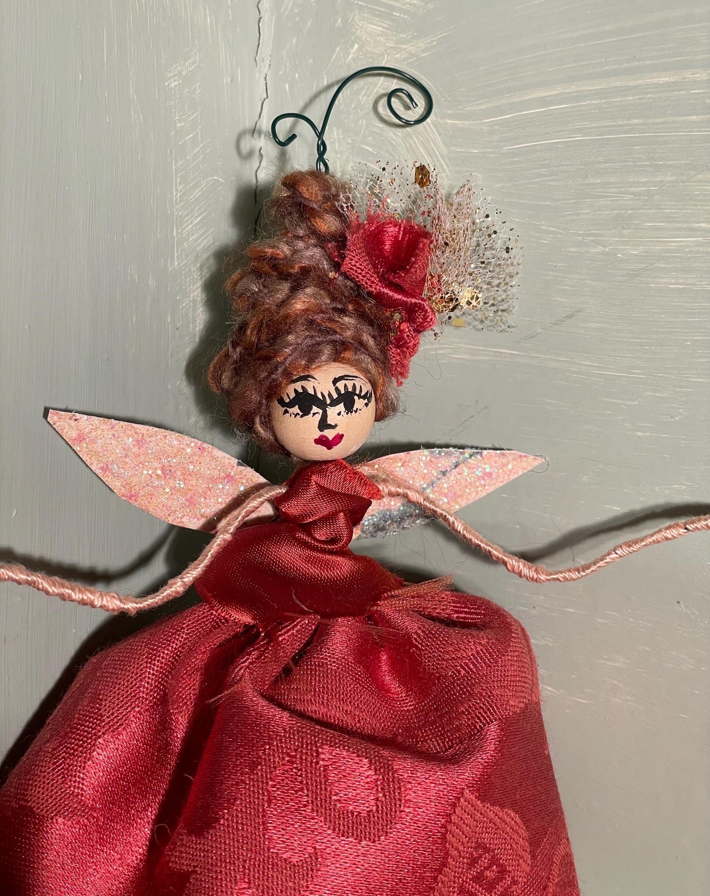 Lady in Red Fairy Ornament:Handmade Satin and Sass 8 inches tall