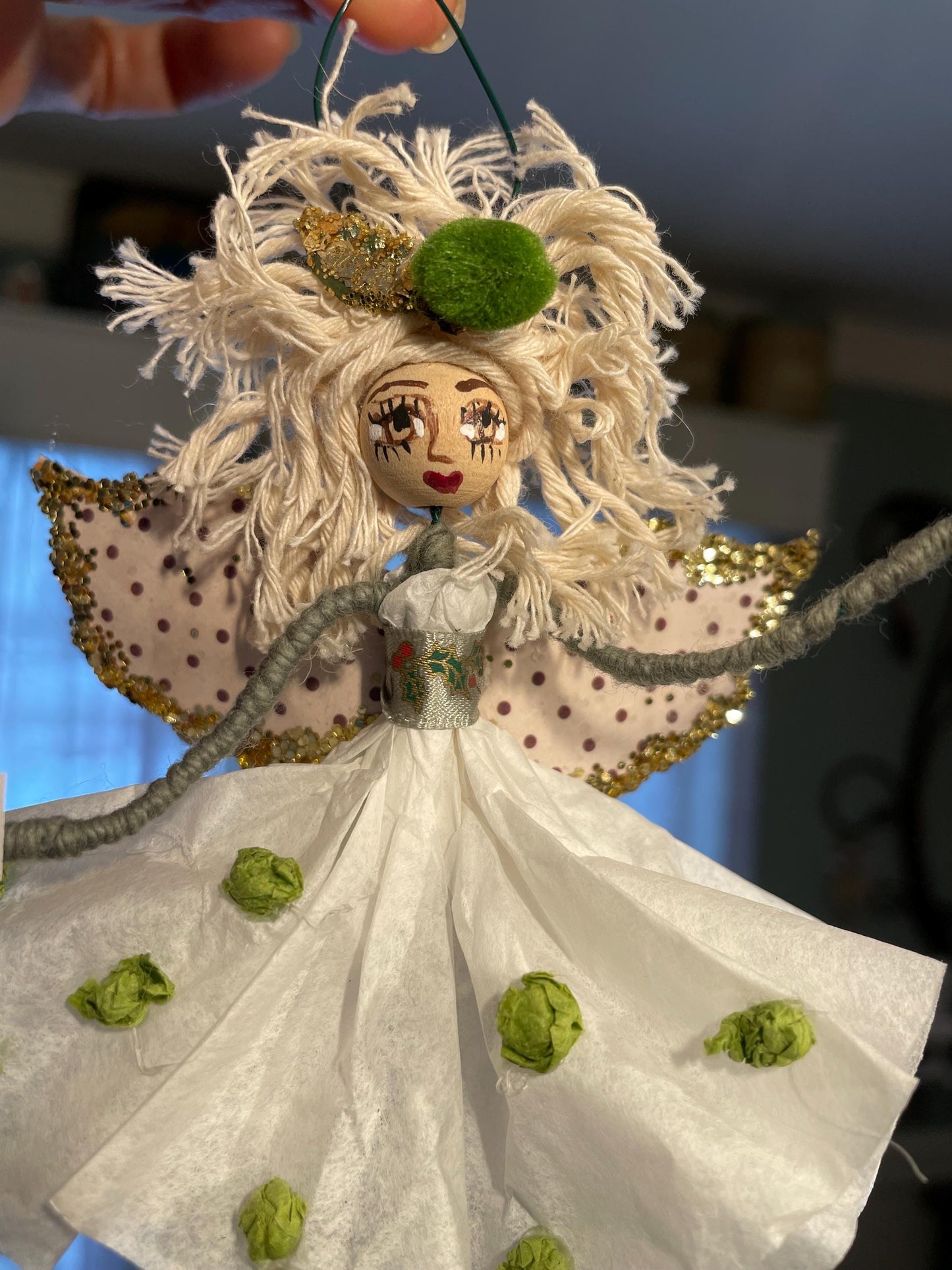 Count Your Blessings Hand Painted Fairy Decor: Green Pom Paper Fairy with a Message
