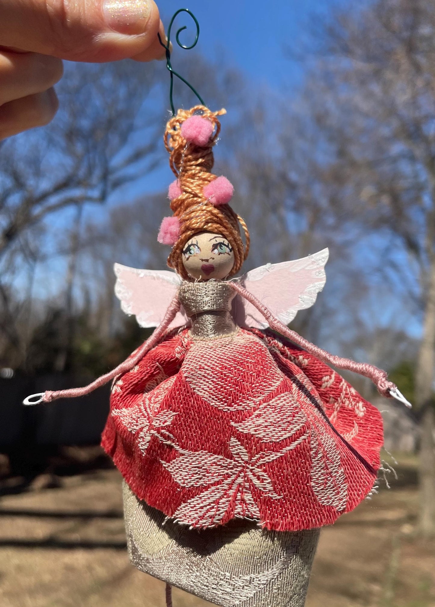 Spring Fairy: Handmade Retro Beehive Pink Pom Pom Ornament 7 inches.