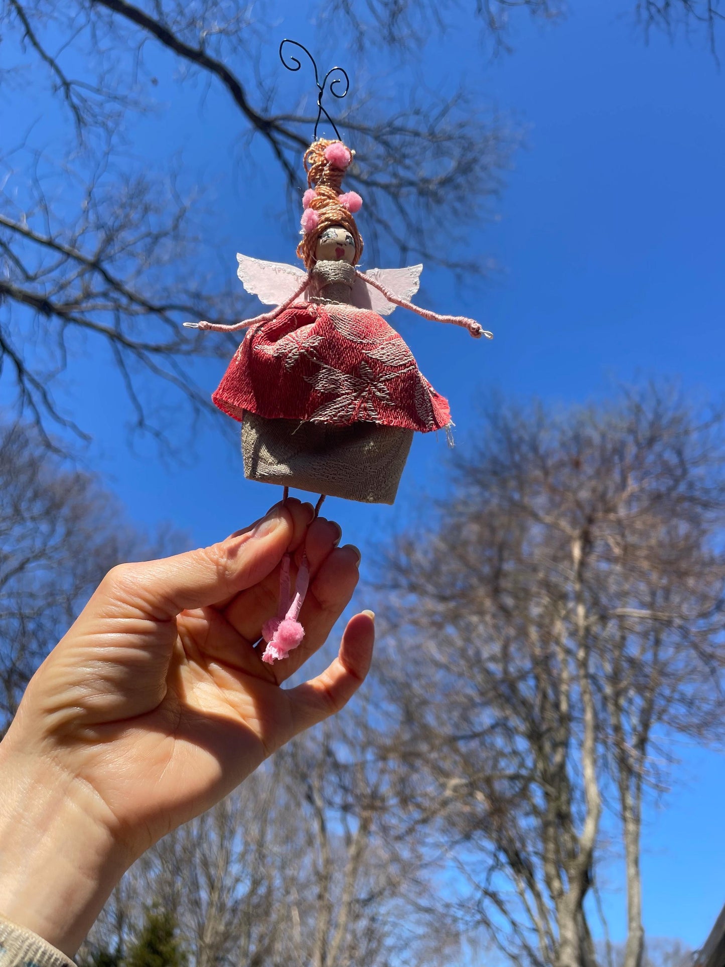 Spring Fairy: Handmade Retro Beehive Pink Pom Pom Ornament 7 inches.