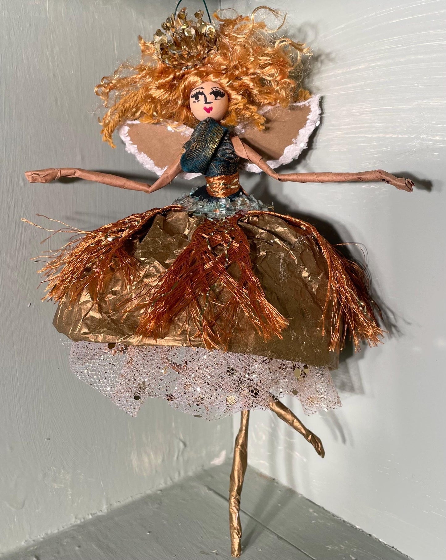 Handmade Glamour Girl Golden Fringe Fairy Ornament 10 inches