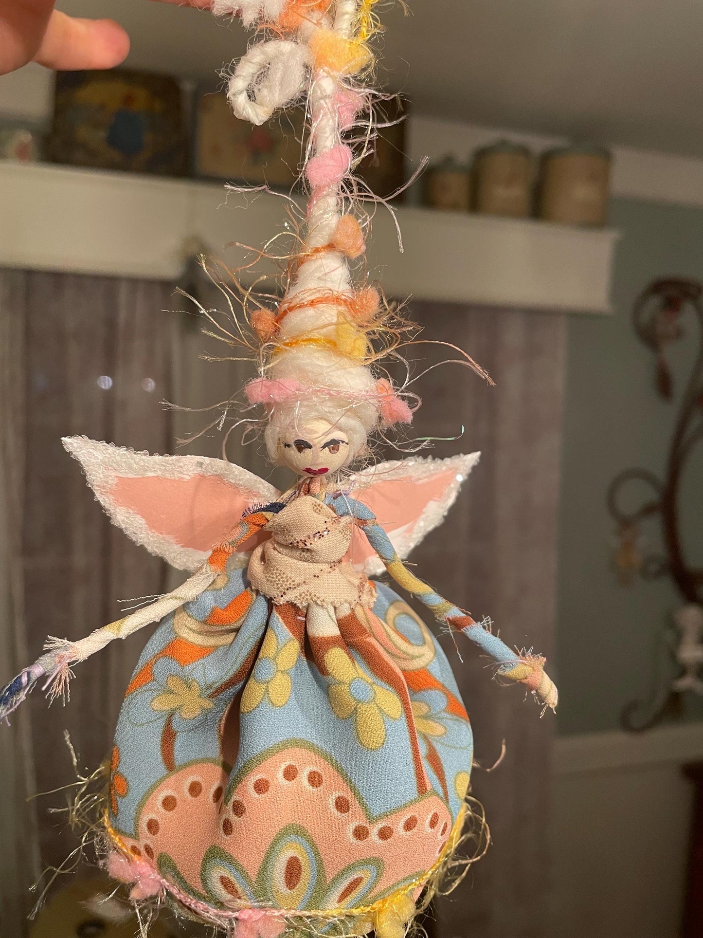 Handmade Celebration Fairy Ornament: Retro Pom Doll, 9-Inch Tall Tassel Fairy