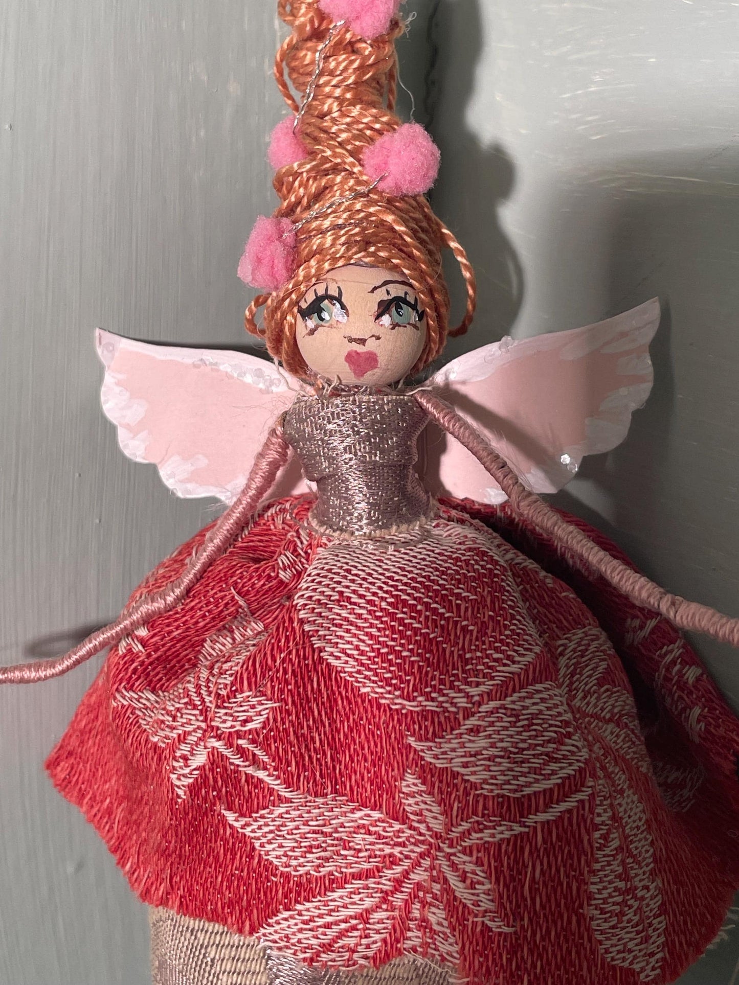Spring Fairy: Handmade Retro Beehive Pink Pom Pom Ornament 7 inches.