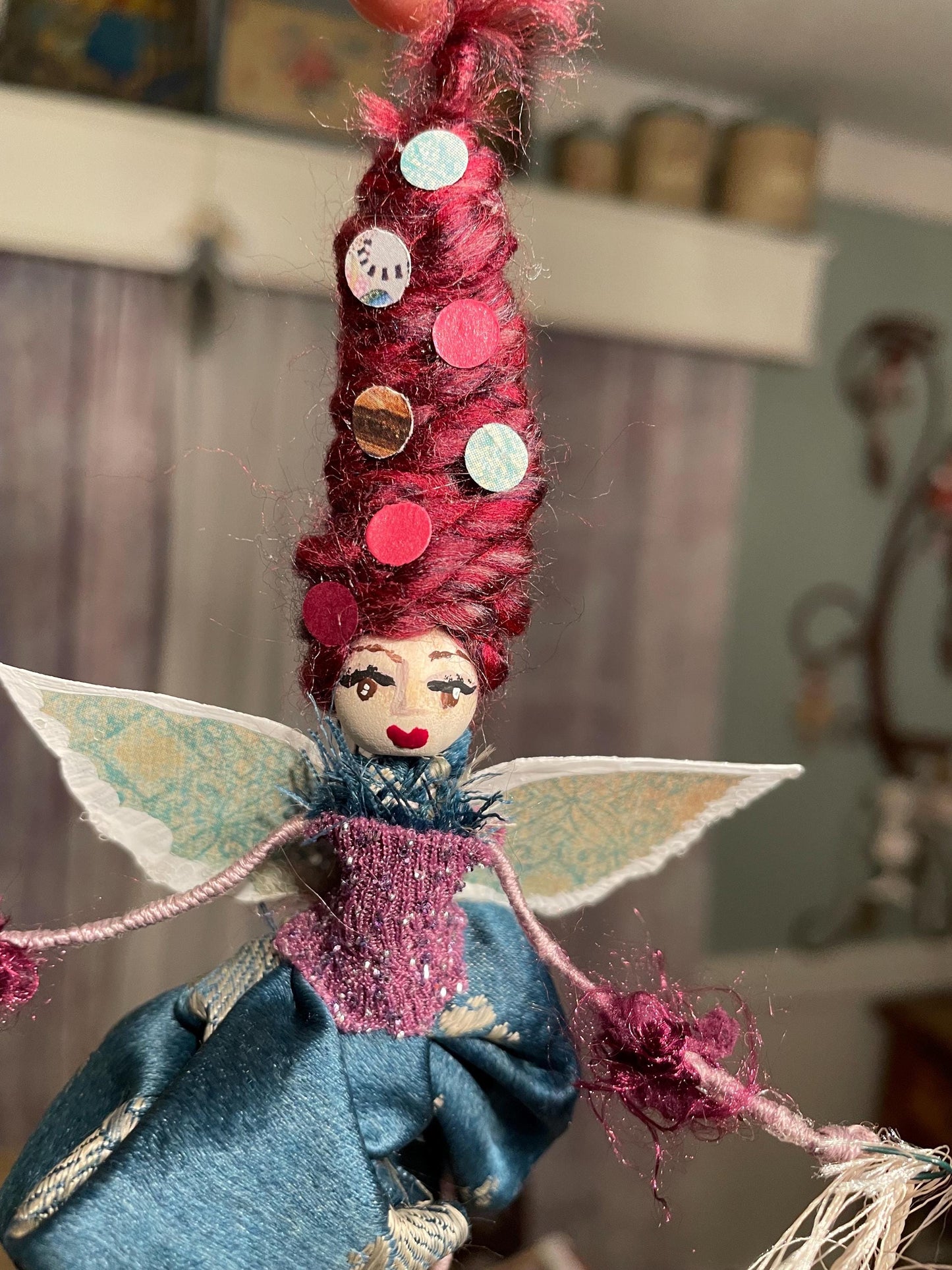 Handmade Serenity Fairy: Retro Fabric and Delicate Wings with Inspired Message.
