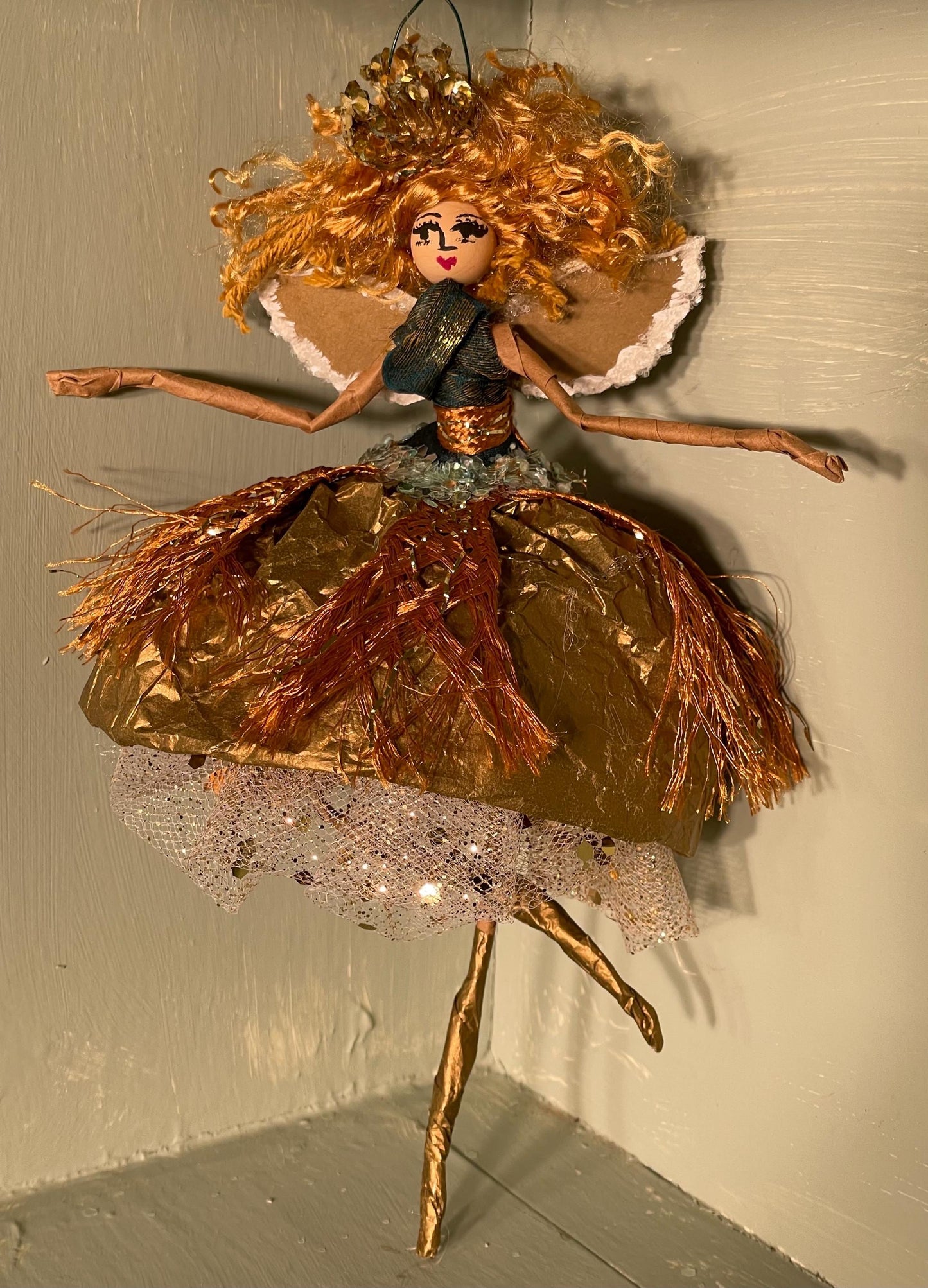 Handmade Glamour Girl Golden Fringe Fairy Ornament 10 inches