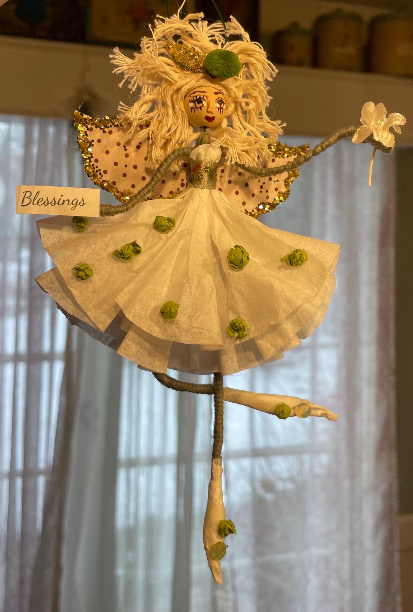 Count Your Blessings Hand Painted Fairy Decor: Green Pom Paper Fairy with a Message