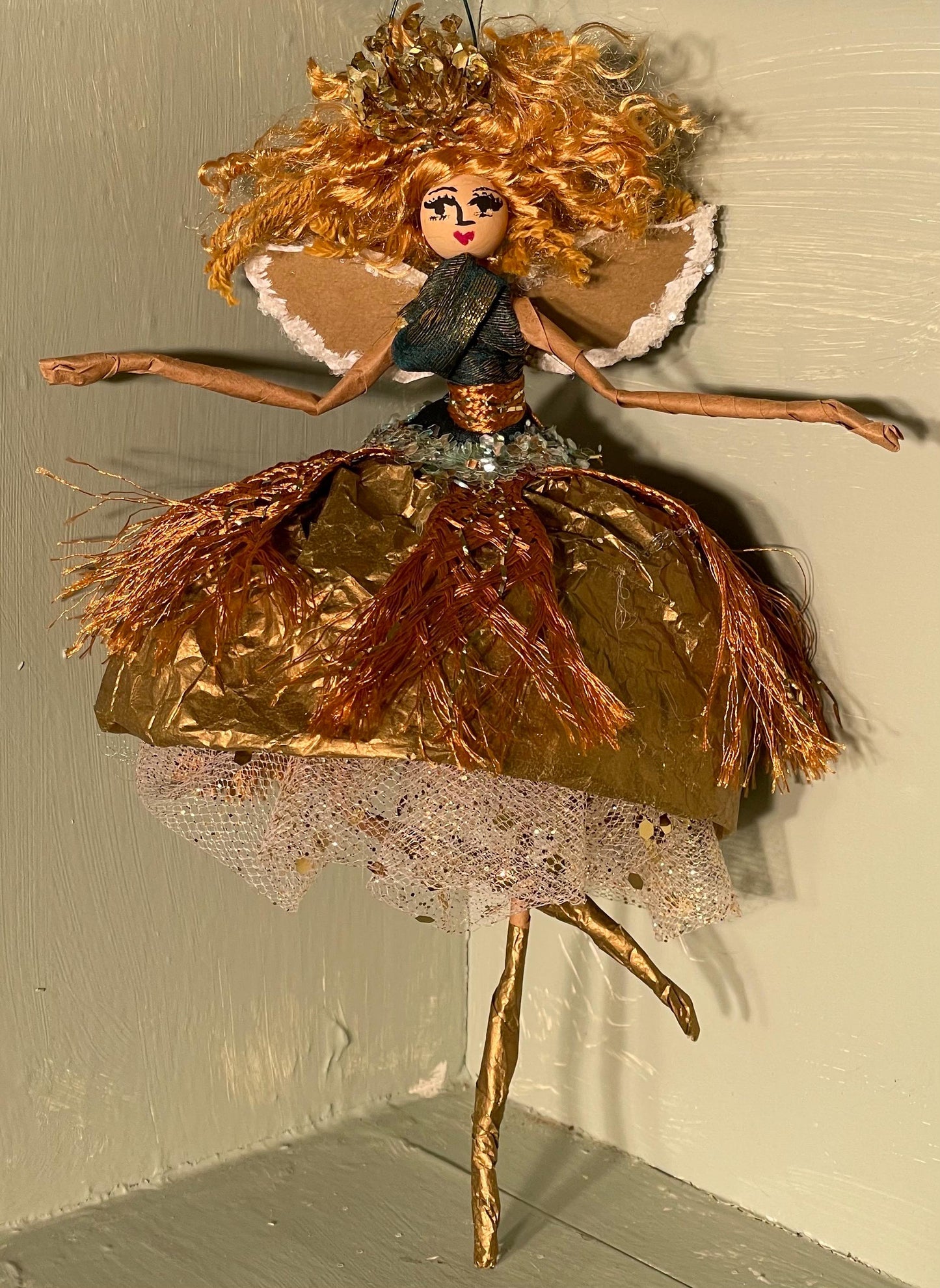 Handmade Glamour Girl Golden Fringe Fairy Ornament 10 inches