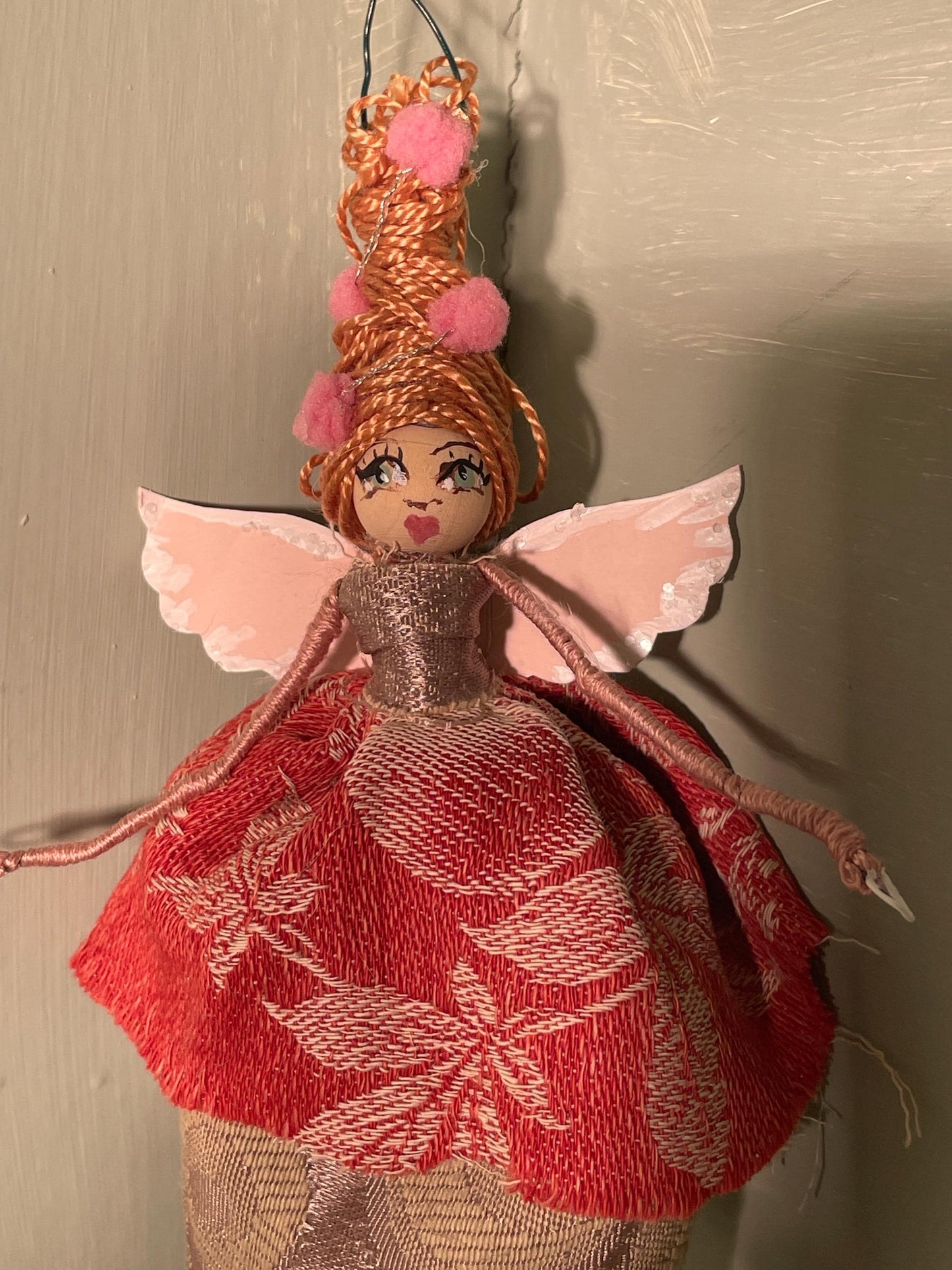 Spring Fairy: Handmade Retro Beehive Pink Pom Pom Ornament 7 inches.