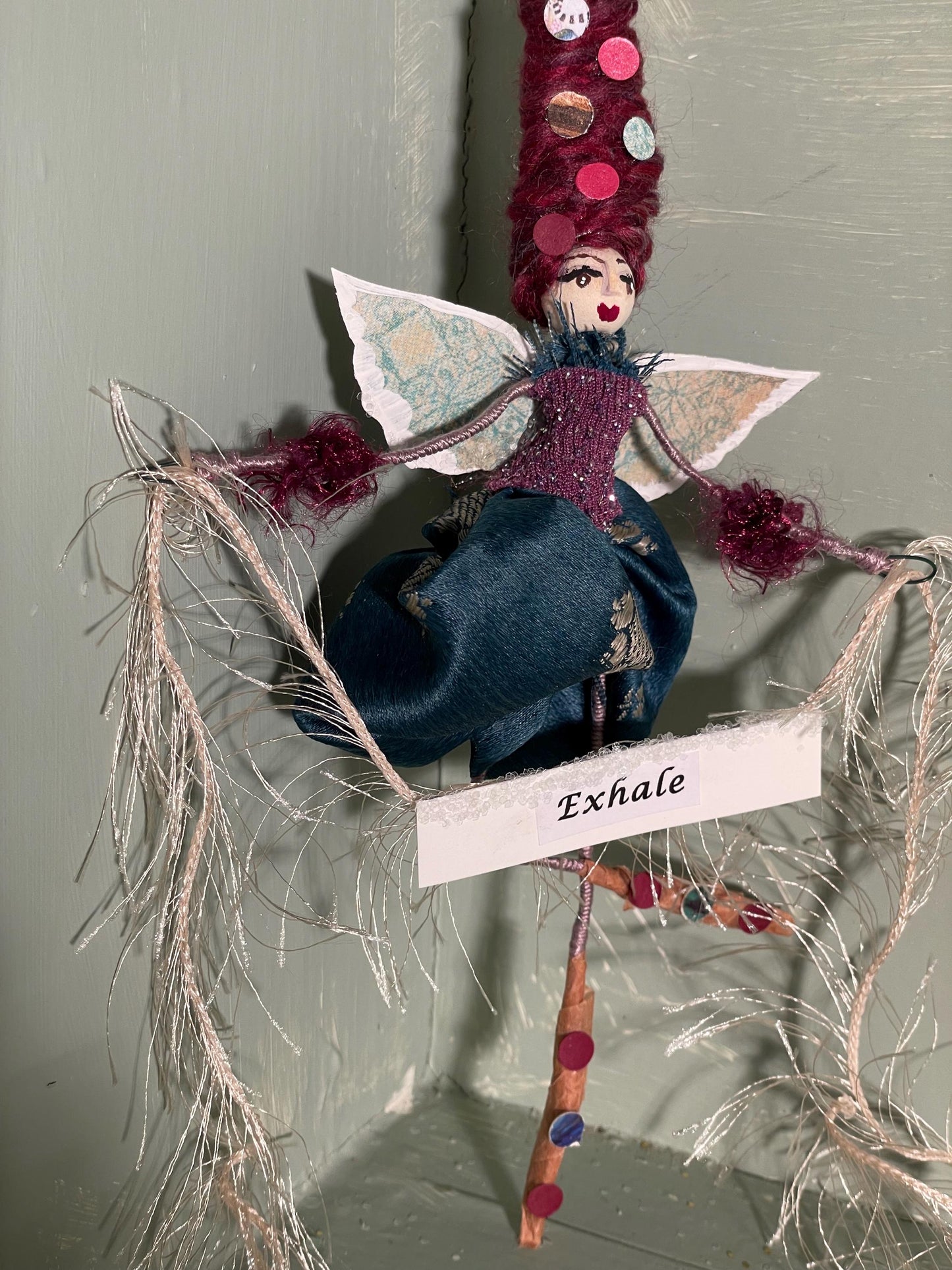 Handmade Serenity Fairy: Retro Fabric and Delicate Wings with Inspired Message.