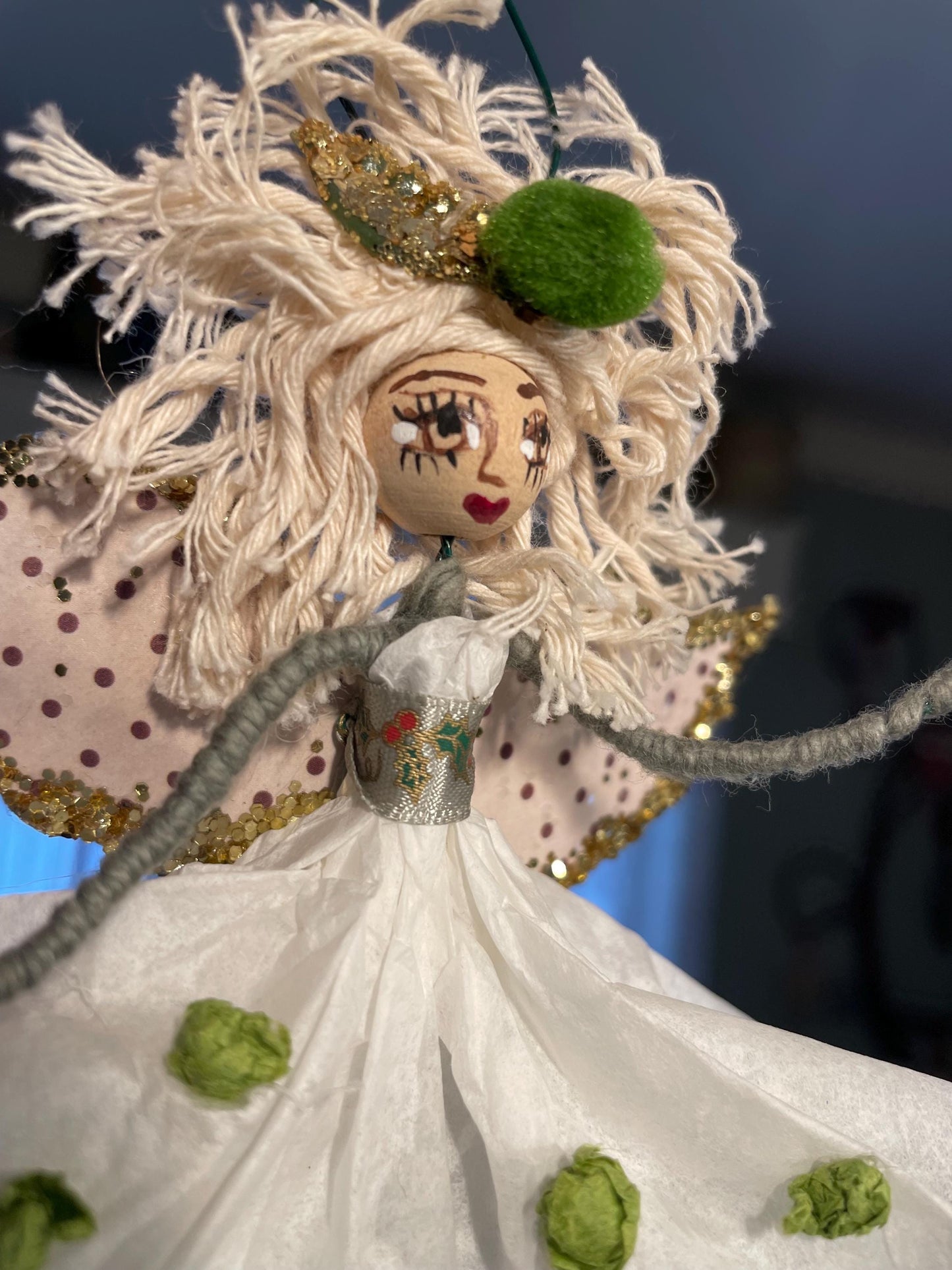 Count Your Blessings Hand Painted Fairy Decor: Green Pom Paper Fairy with a Message