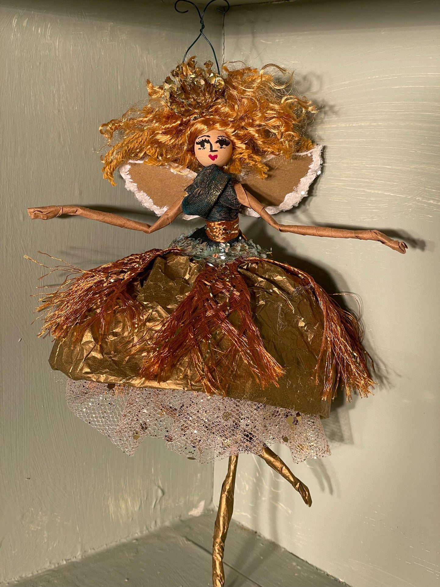Handmade Glamour Girl Golden Fringe Fairy Ornament 10 inches