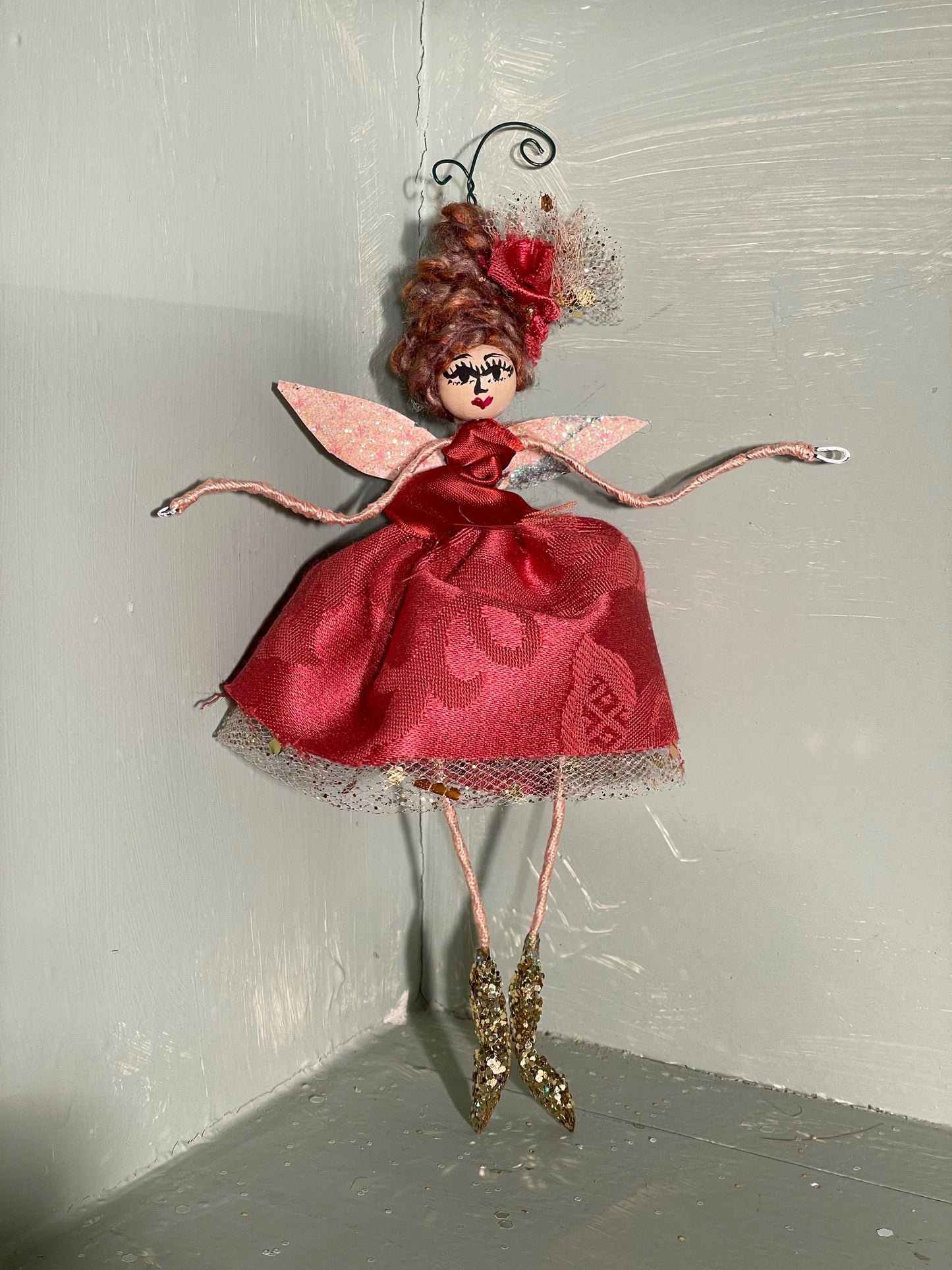 Lady in Red Fairy Ornament:Handmade Satin and Sass 8 inches tall