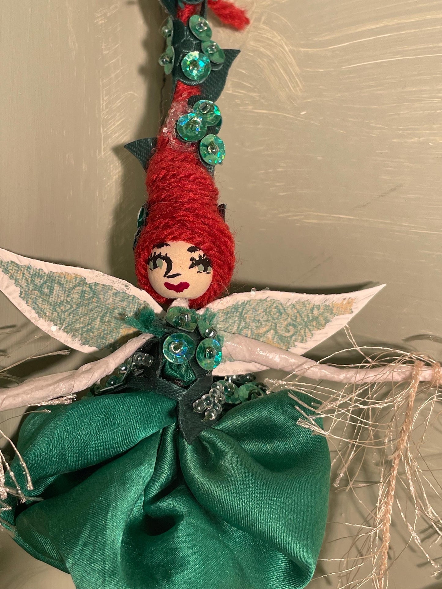 Sassy Green Fairy Brings Springtime Joy: Handmade with Silk, Satin and Sequins 8 inches