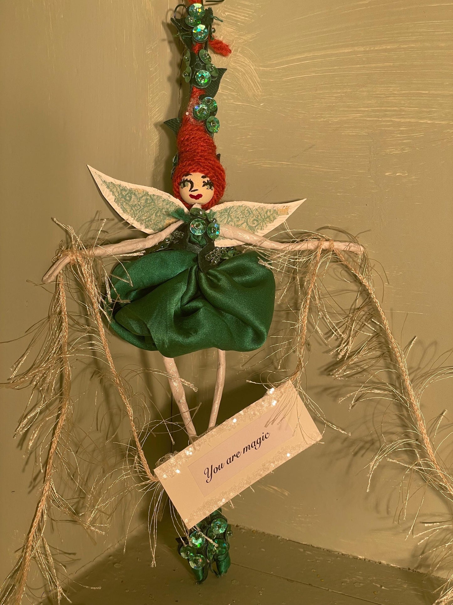 Sassy Green Fairy Brings Springtime Joy: Handmade with Silk, Satin and Sequins 8 inches