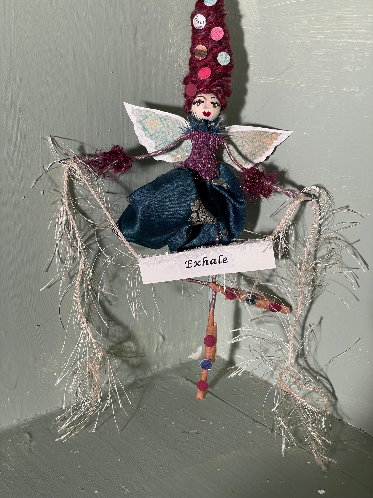 Handmade Serenity Fairy: Retro Fabric and Delicate Wings with Inspired Message.