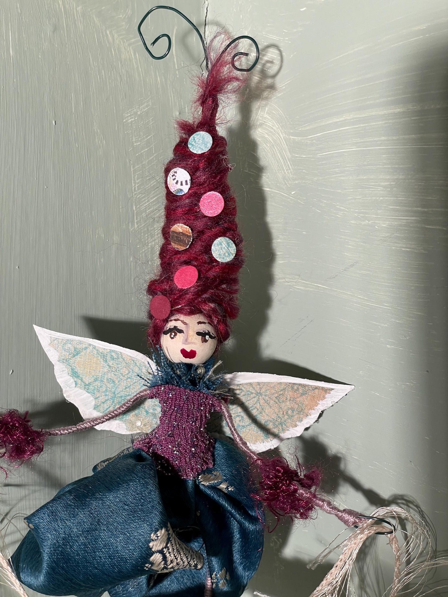 Handmade Serenity Fairy: Retro Fabric and Delicate Wings with Inspired Message.