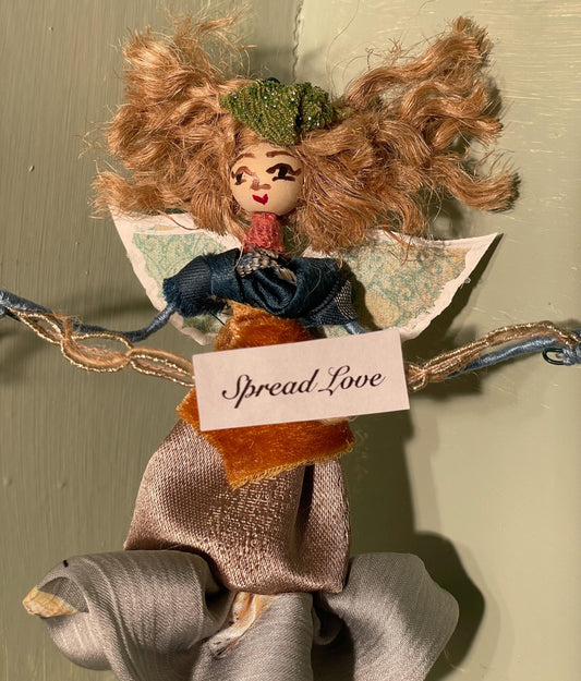 Handmade Boho Fairy: Vintage Silk and Velvet Doll Ornament 6 Inches.
