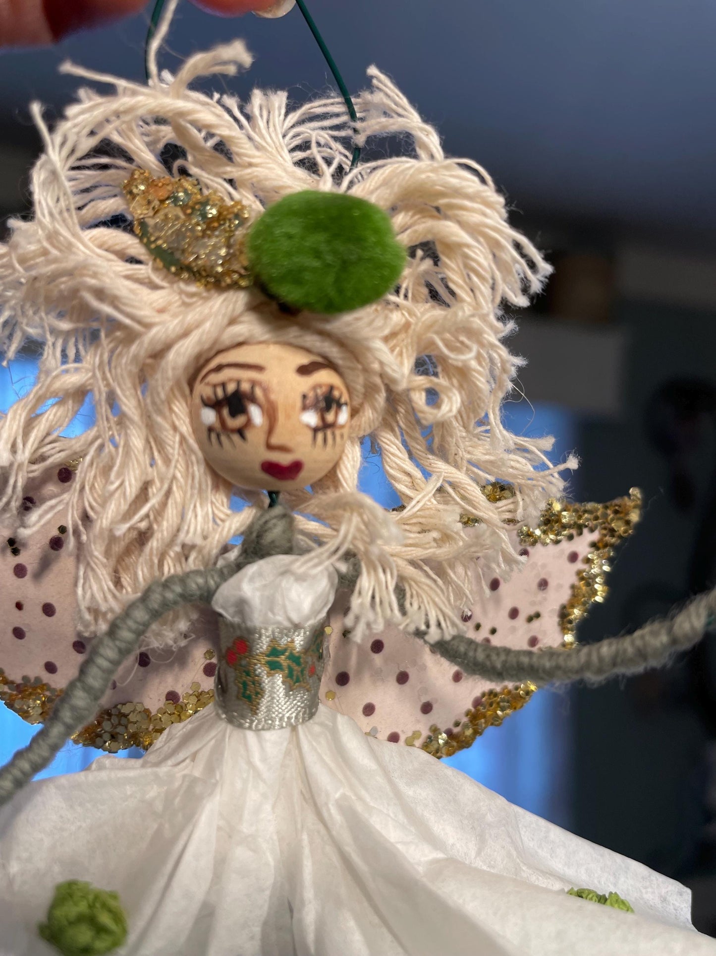 Count Your Blessings Hand Painted Fairy Decor: Green Pom Paper Fairy with a Message