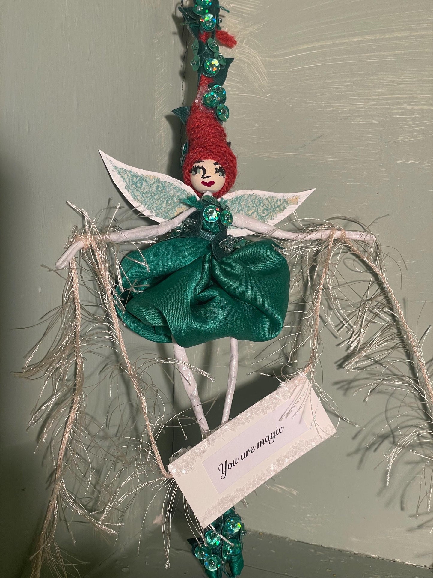 Sassy Green Fairy Brings Springtime Joy: Handmade with Silk, Satin and Sequins 8 inches