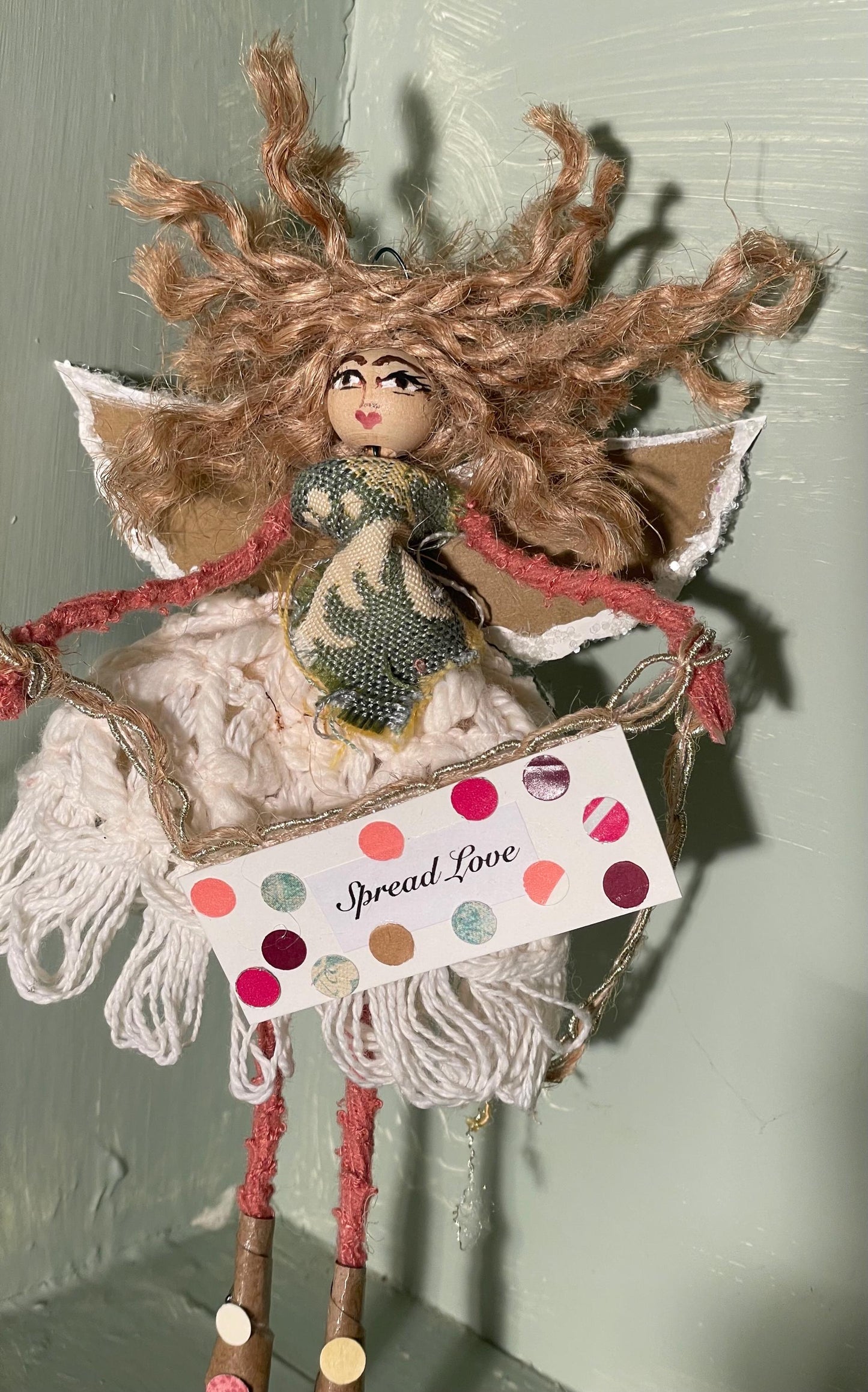 Spread Love Fairy Ornament: Handmade Happy Spirit Doll 7 inches tall.
