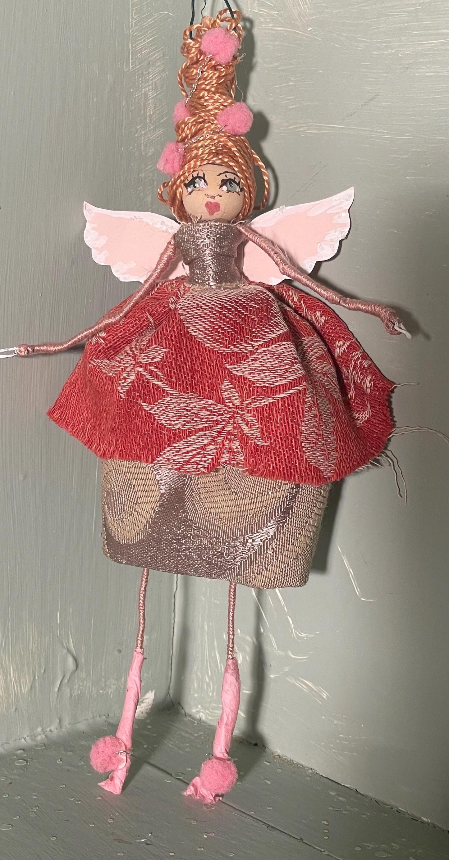 Spring Fairy: Handmade Retro Beehive Pink Pom Pom Ornament 7 inches.