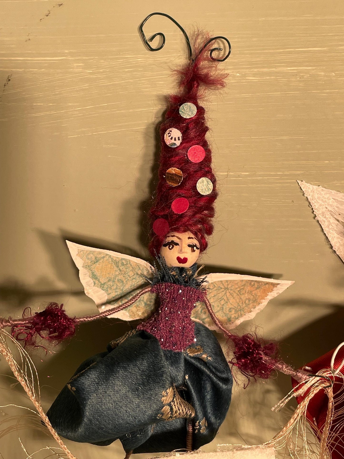 Handmade Serenity Fairy: Retro Fabric and Delicate Wings with Inspired Message.