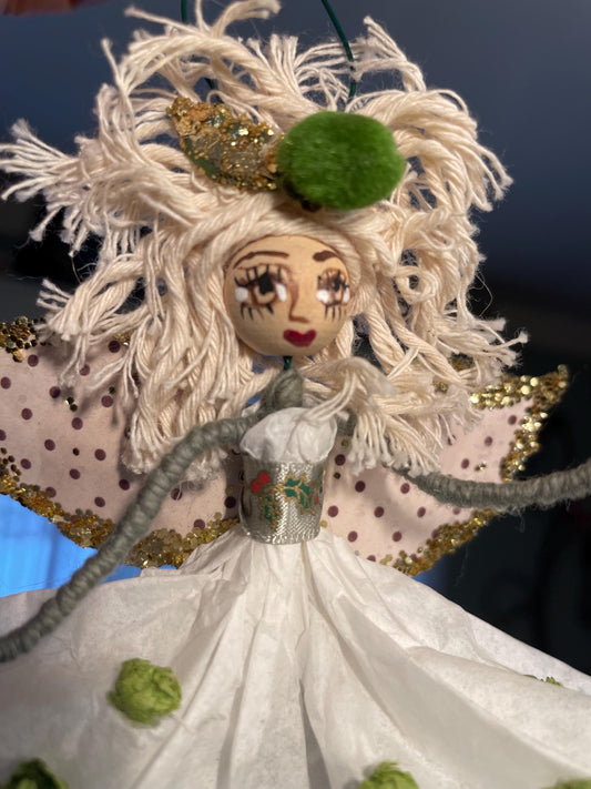 Count Your Blessings Hand Painted Fairy Decor: Green Pom Paper Fairy with a Message