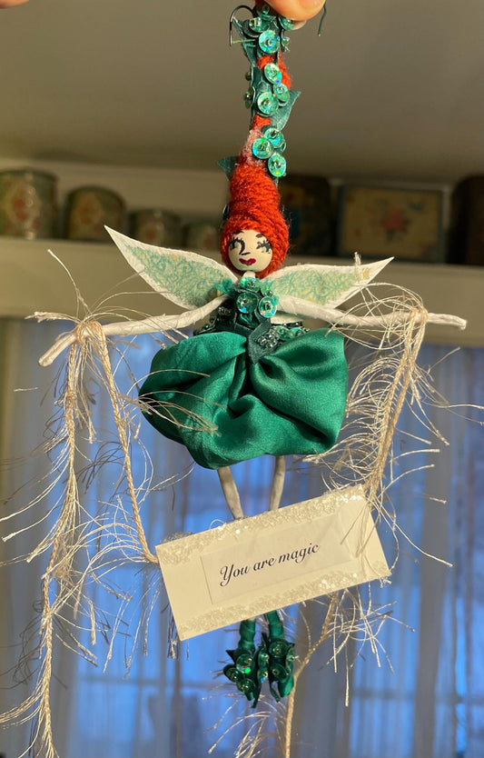 St. Patrick’s Day Fairy Decoration Green Silk and Sequin Handmade Doll