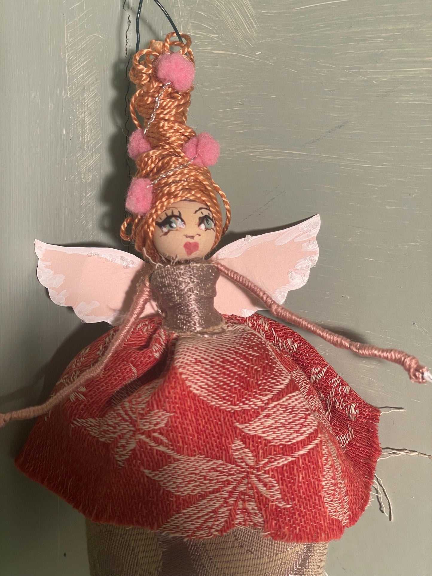 Spring Fairy: Handmade Retro Beehive Pink Pom Pom Ornament 7 inches.