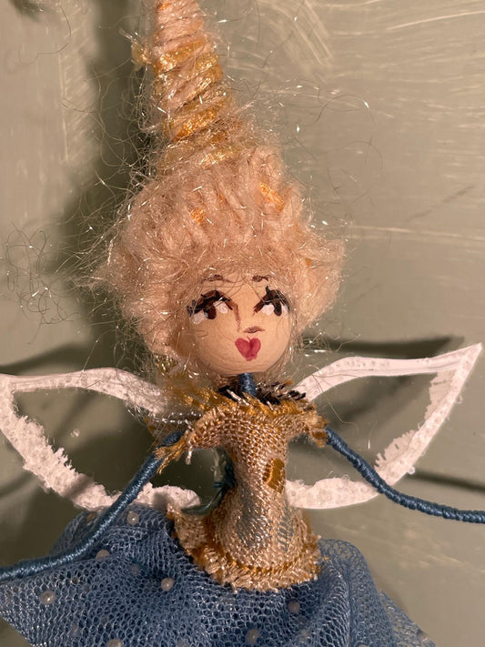 Handmade Fairy Ornament Betty Bouffant: Blue Velvet Shoes, Tulle Tutu, Beehive Hairdo (9 inches)