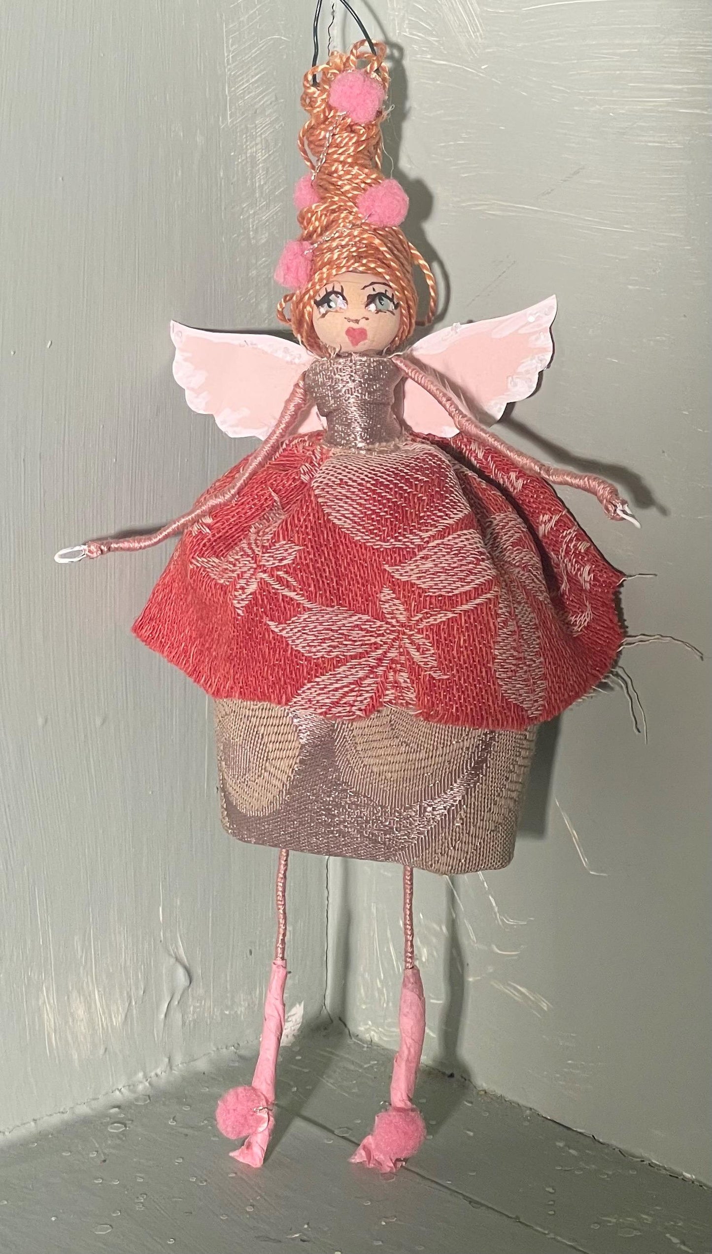 Spring Fairy: Handmade Retro Beehive Pink Pom Pom Ornament 7 inches.