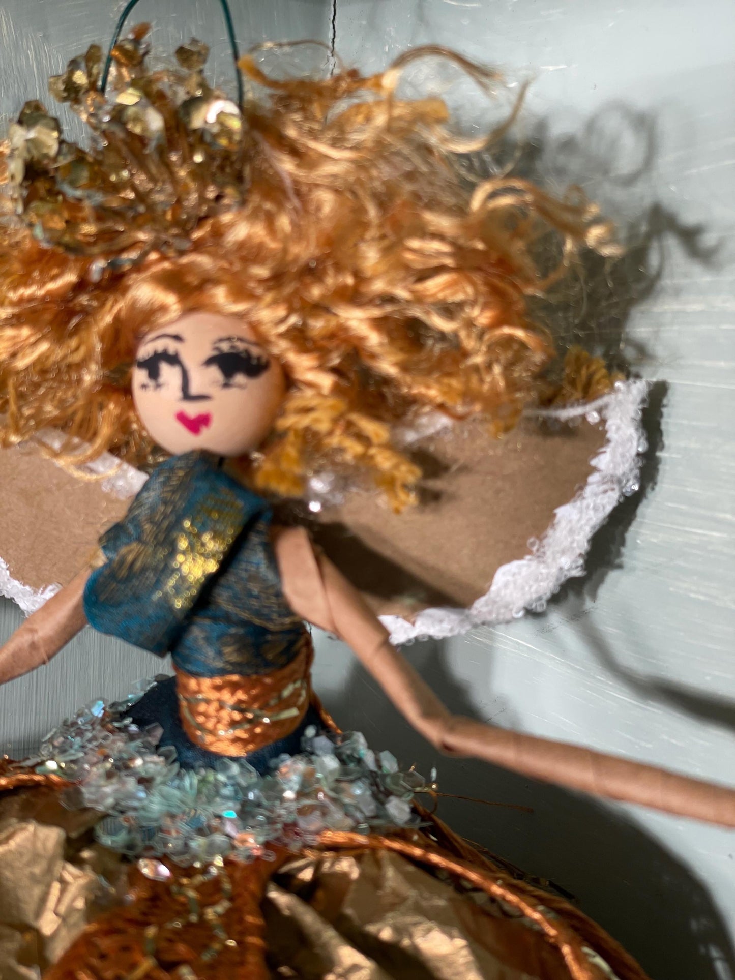 Handmade Glamour Girl Golden Fringe Fairy Ornament 10 inches