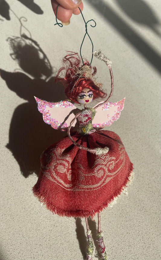 Hand-Painted Ballerina Doll: Vintage Fabric, Lace, Sparkling Wings (8 inches)