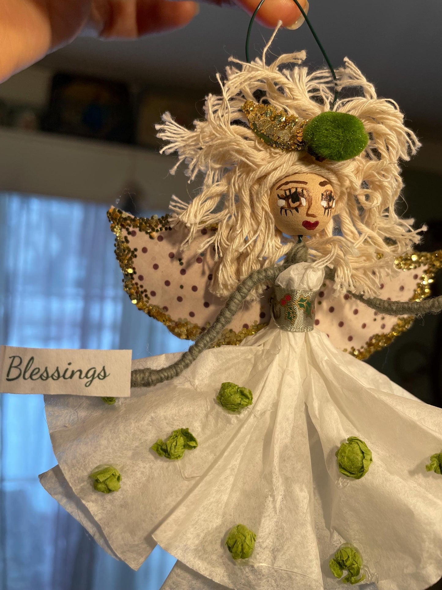 Count Your Blessings Hand Painted Fairy Decor: Green Pom Paper Fairy with a Message