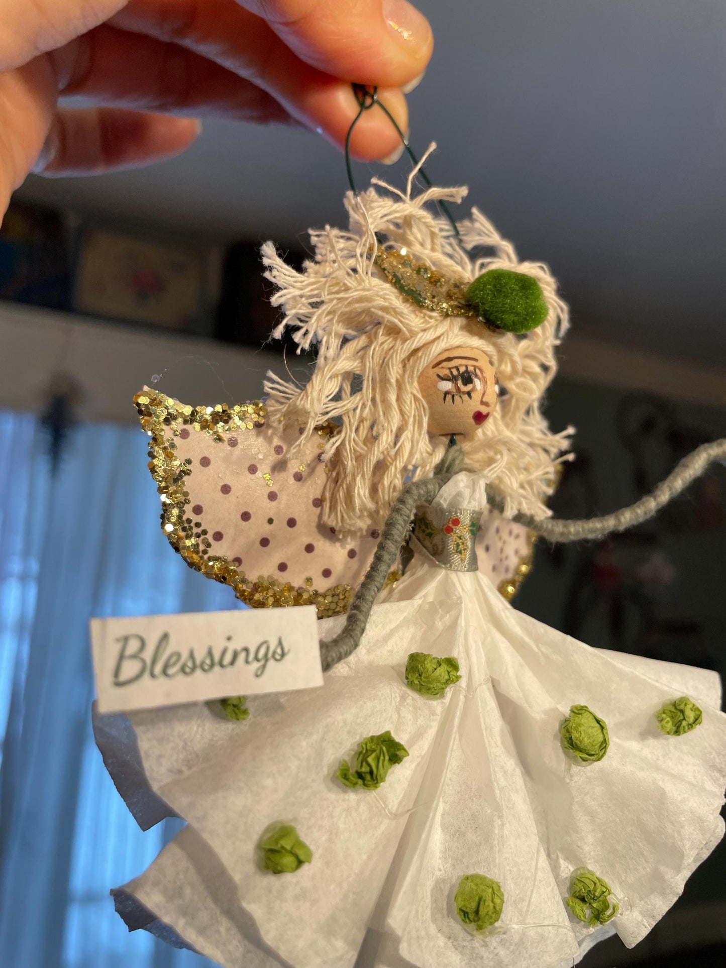 Count Your Blessings Hand Painted Fairy Decor: Green Pom Paper Fairy with a Message