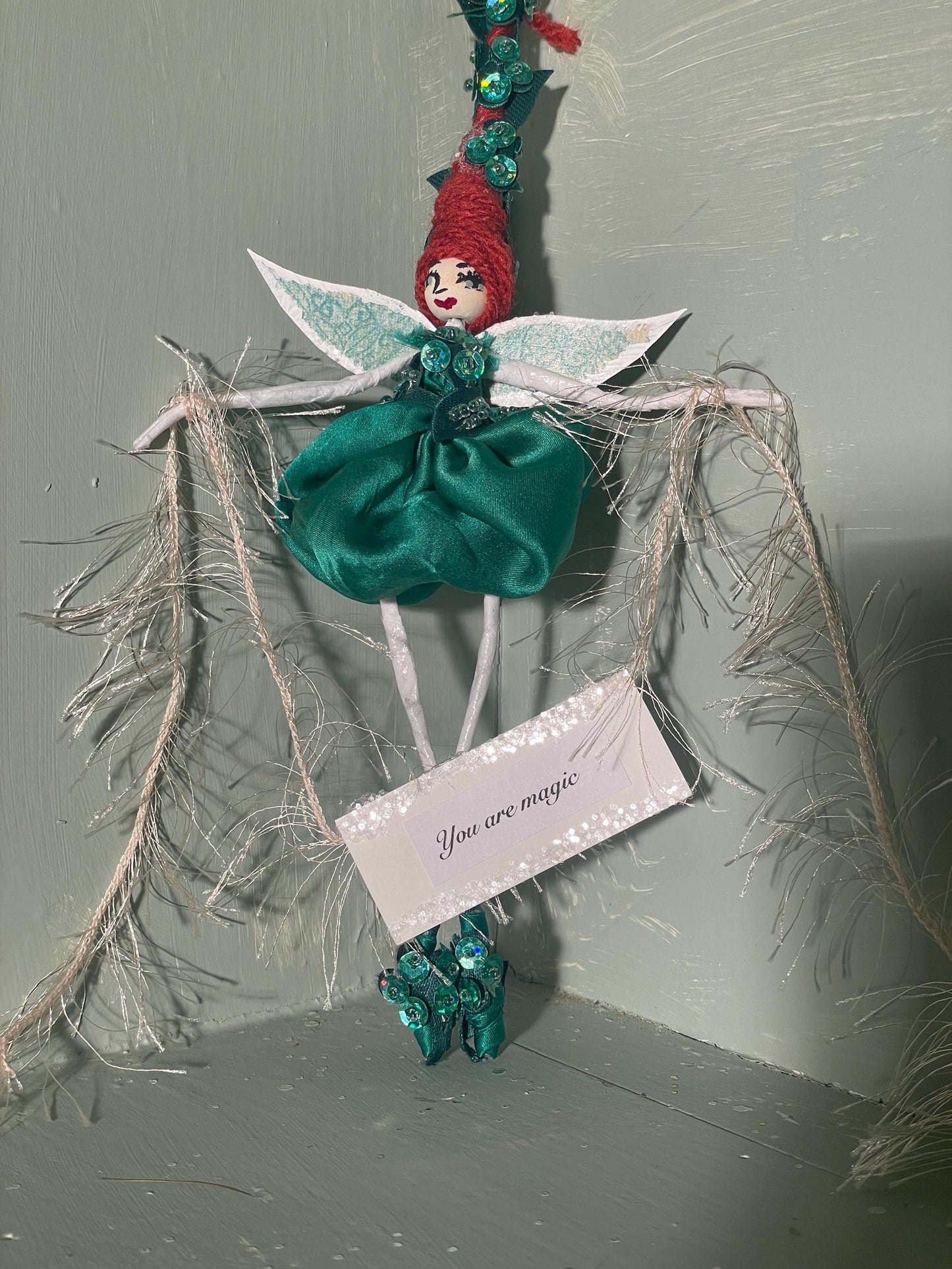 Sassy Green Fairy Brings Springtime Joy: Handmade with Silk, Satin and Sequins 8 inches