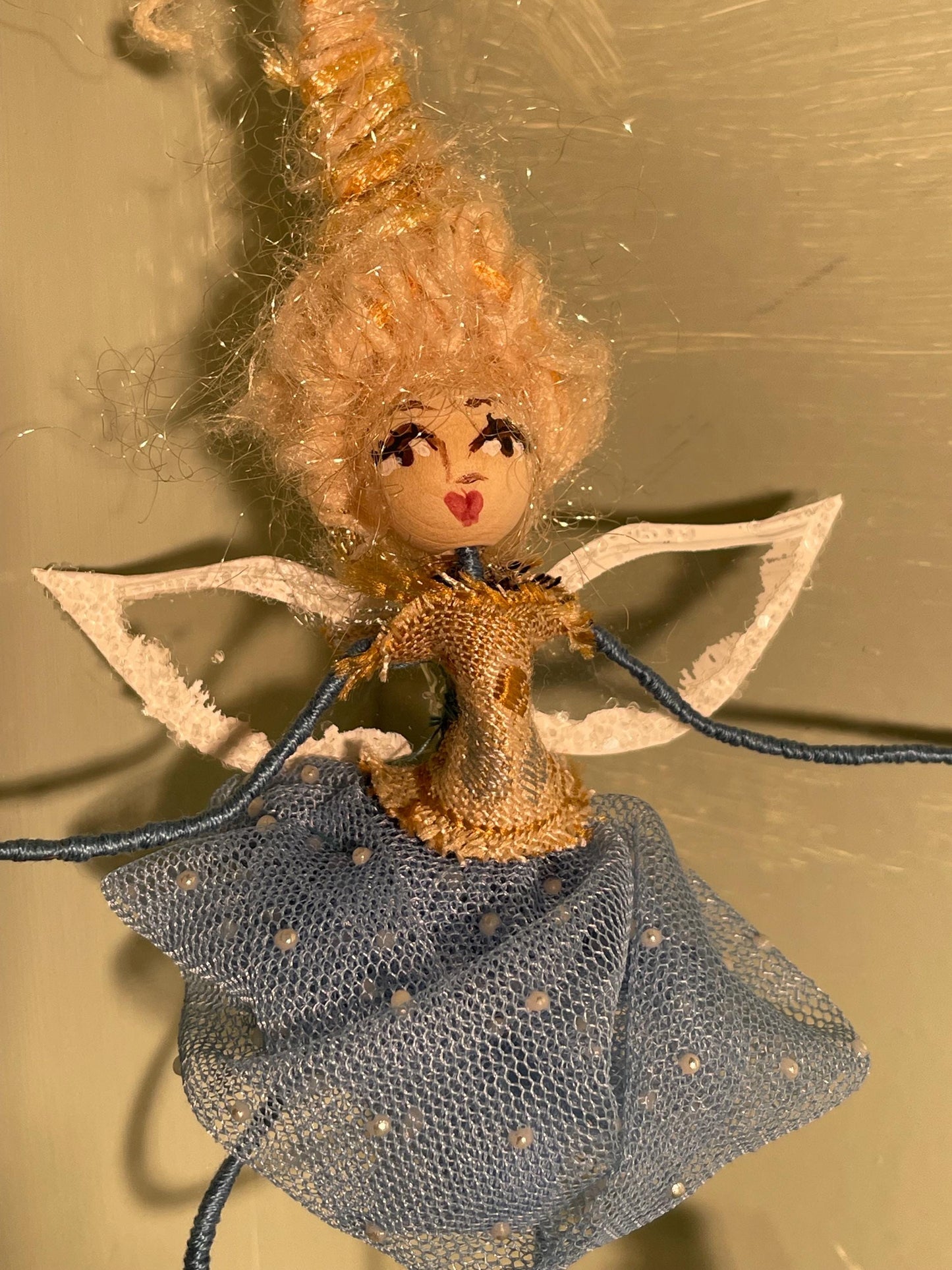 Handmade Fairy Ornament Betty Bouffant: Blue Velvet Shoes, Tulle Tutu, Beehive Hairdo (9 inches)