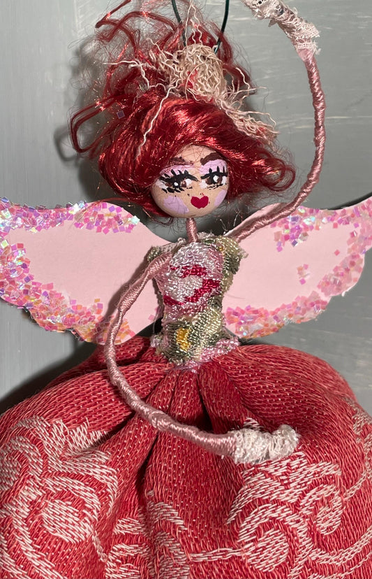 Hand-Painted Ballerina Doll: Vintage Fabric, Lace, Sparkling Wings (8 inches)