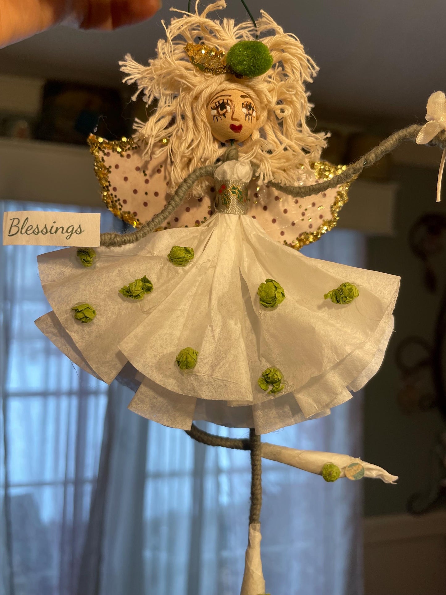 Count Your Blessings Hand Painted Fairy Decor: Green Pom Paper Fairy with a Message