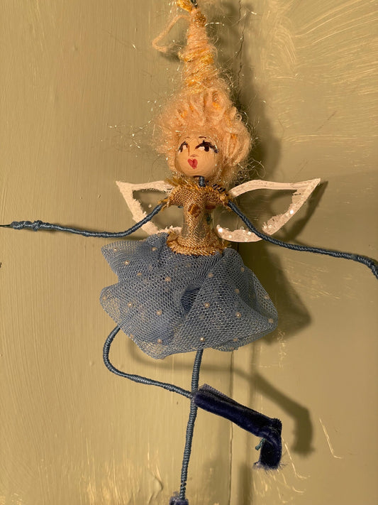 Handmade Fairy Ornament Betty Bouffant: Blue Velvet Shoes, Tulle Tutu, Beehive Hairdo (9 inches)