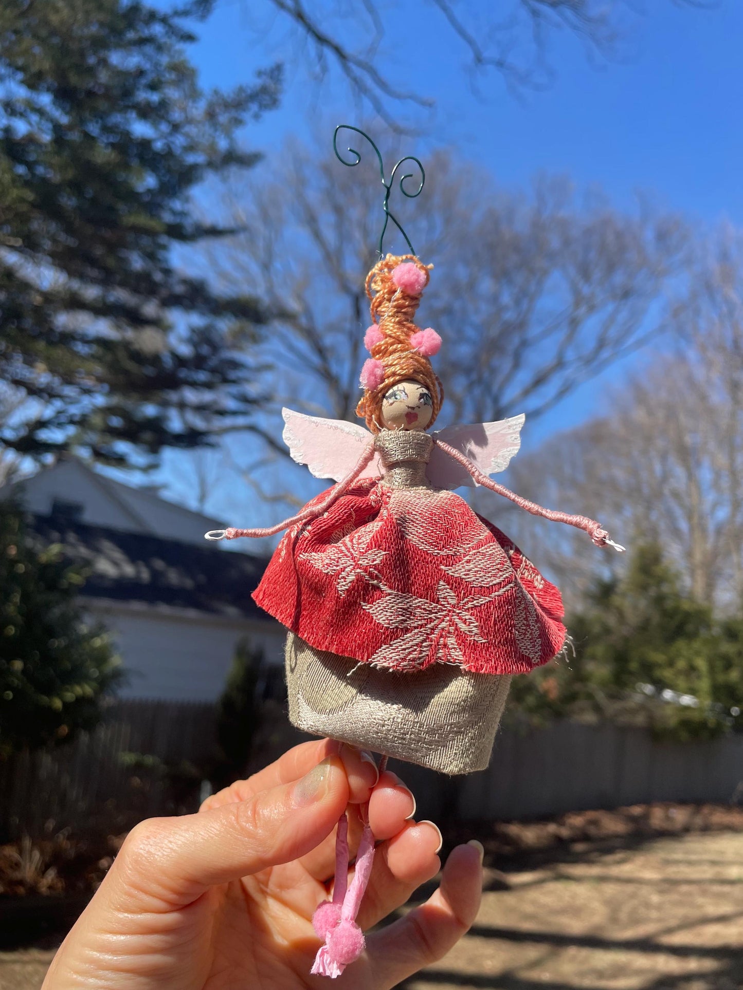 Spring Fairy: Handmade Retro Beehive Pink Pom Pom Ornament 7 inches.