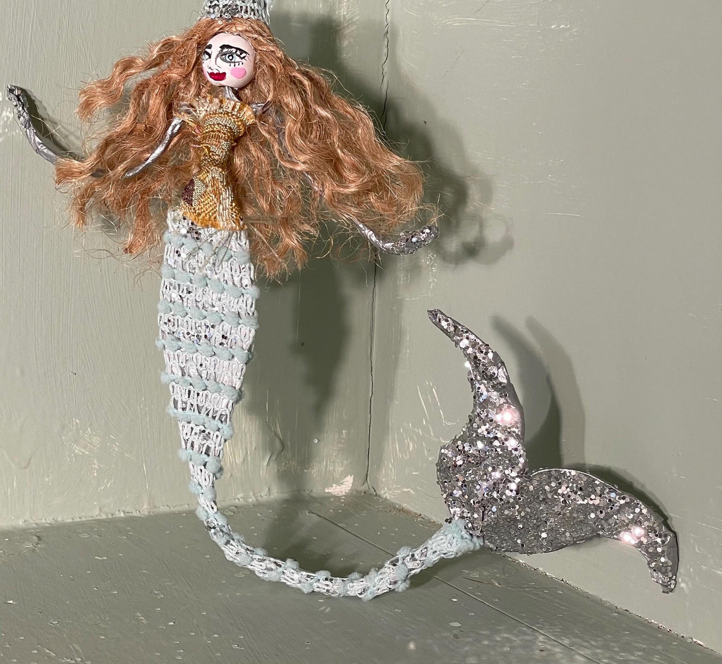 Mystical Mermaid Ornament: Handmade Glamorous Sea Hag with Glitter Scales and Tail