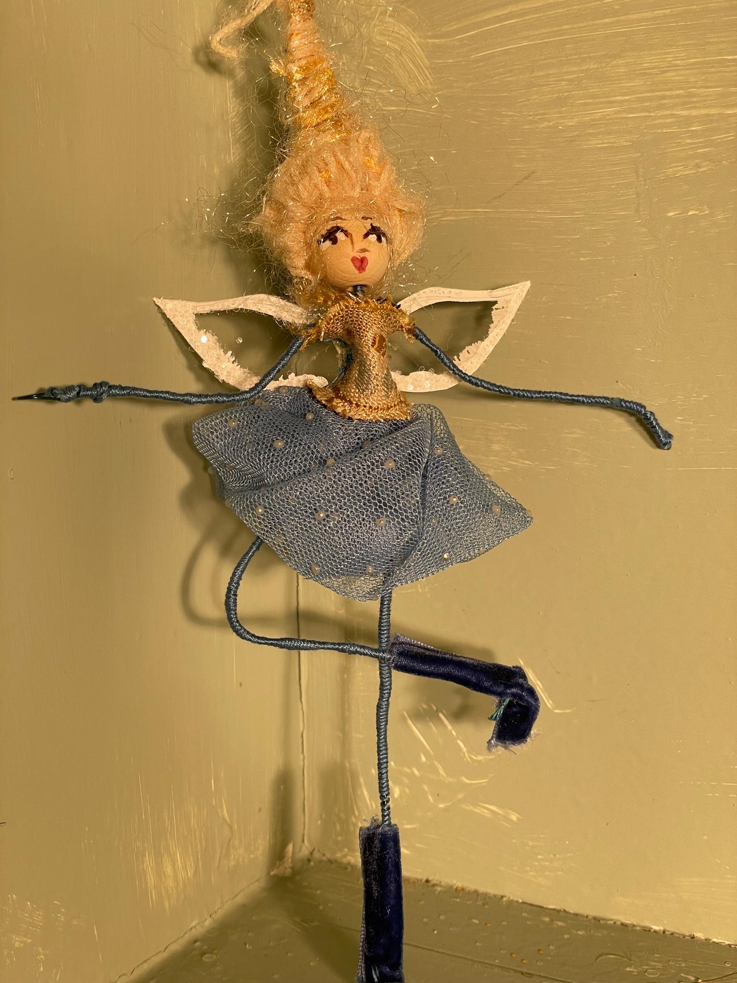 Handmade Fairy Ornament Betty Bouffant: Blue Velvet Shoes, Tulle Tutu, Beehive Hairdo (9 inches)