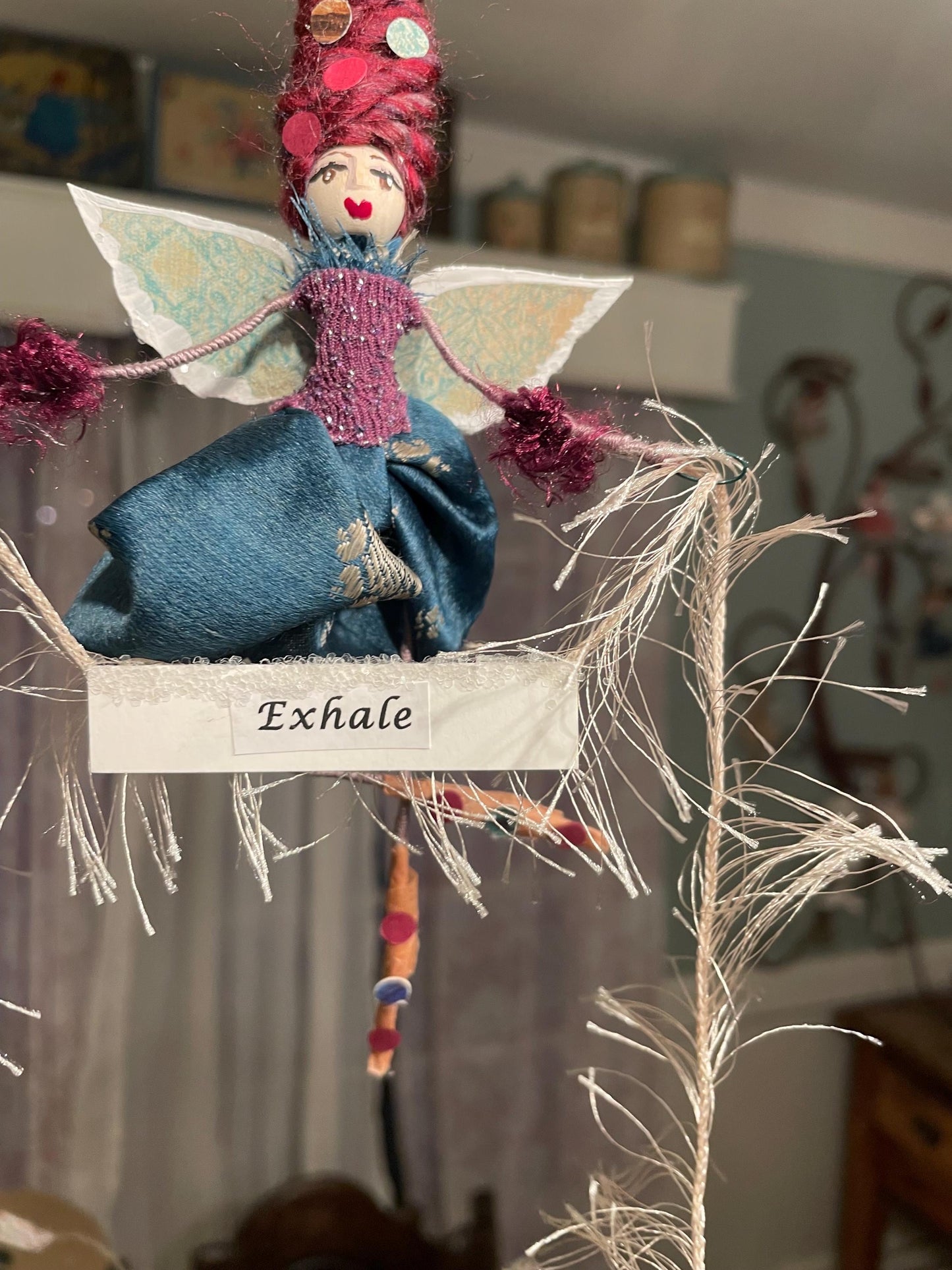 Handmade Serenity Fairy: Retro Fabric and Delicate Wings with Inspired Message.