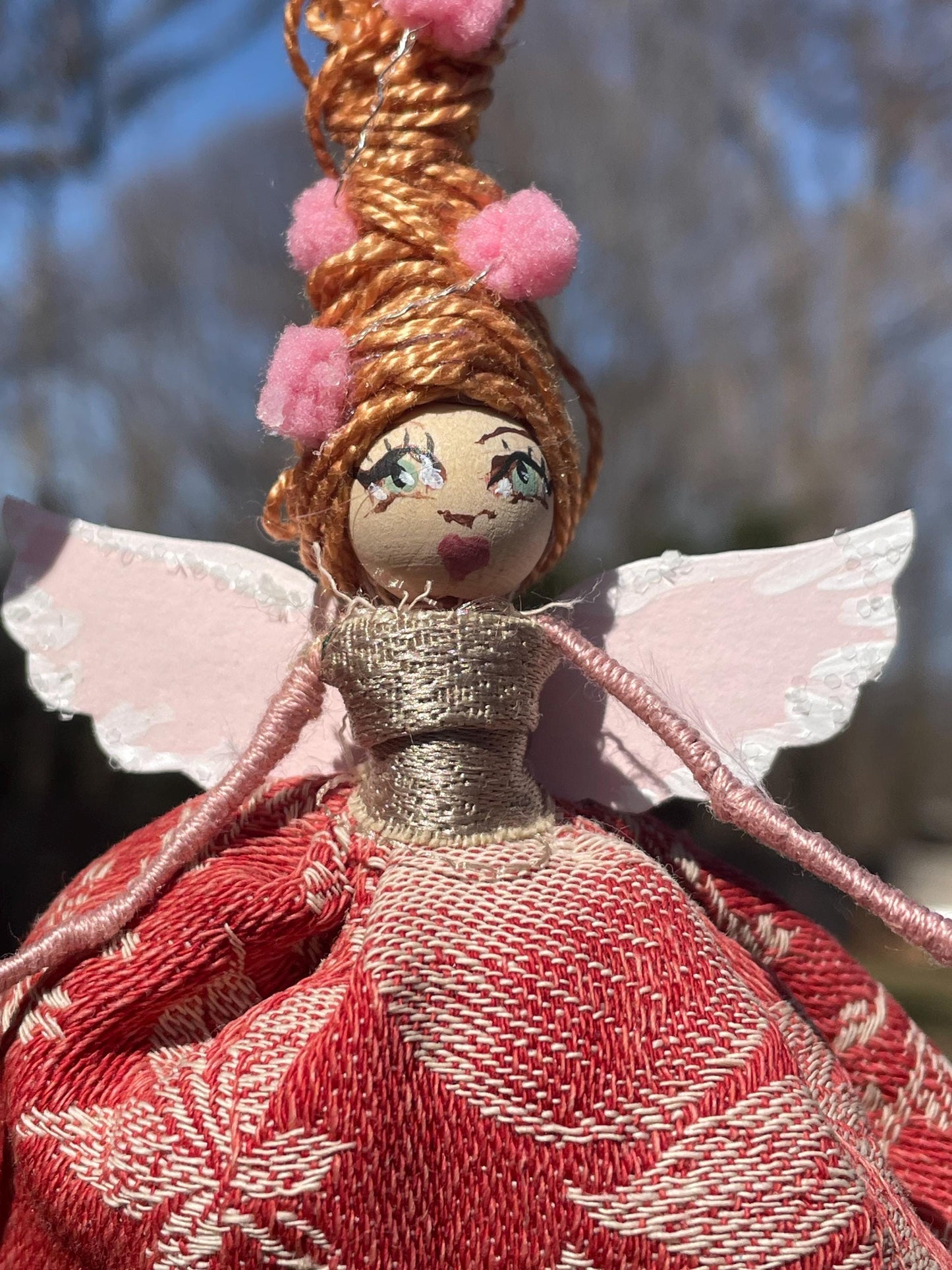 Spring Fairy: Handmade Retro Beehive Pink Pom Pom Ornament 7 inches.